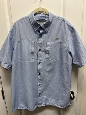 Drake Waterfowl Shirt M Blue Seersucker Pinstripe Fishing Outdoor Camp Button
